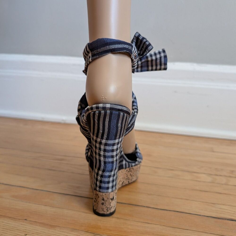 Donna Karan Cork Platform Sandal Madras Wedge Plaid Embossed Logo Designer 8.5 - Picture 3 of 12